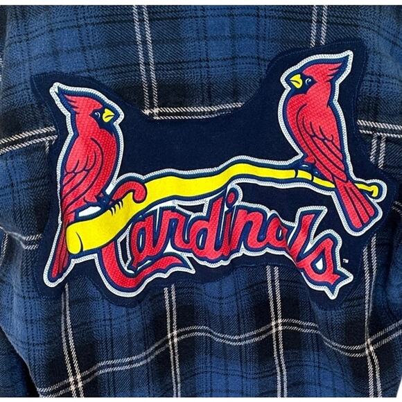St. Louis Cardinals Plaid Flannel Shirt MEDIUM Oversized Baseball Shacket Unique - Picture 2 of 6